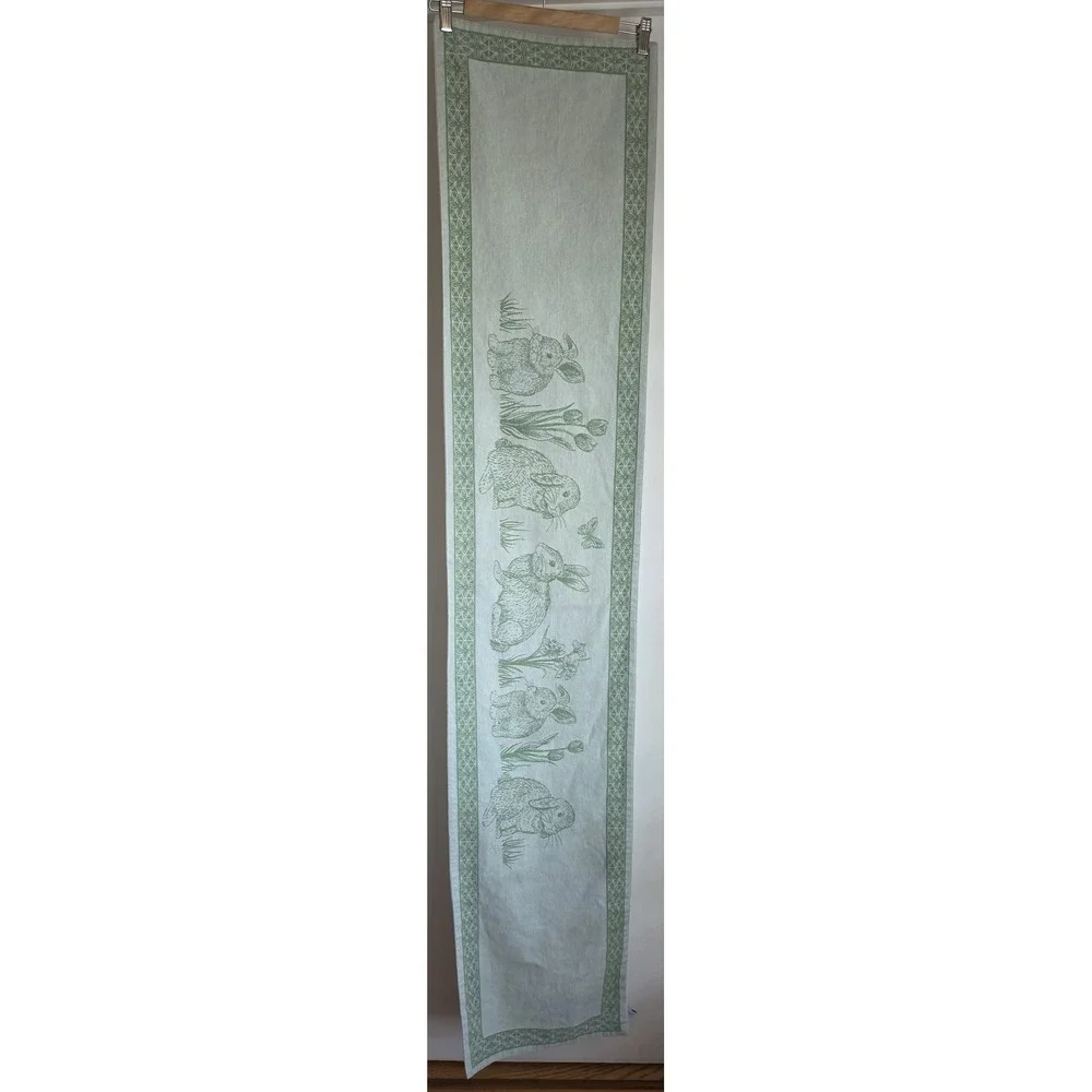Shabby Chic Table Runner Green 100% Cotton 70in Rustic Farmhouse Rabbit Tulip